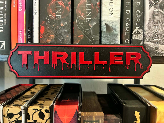 Thriller bookshelf sign